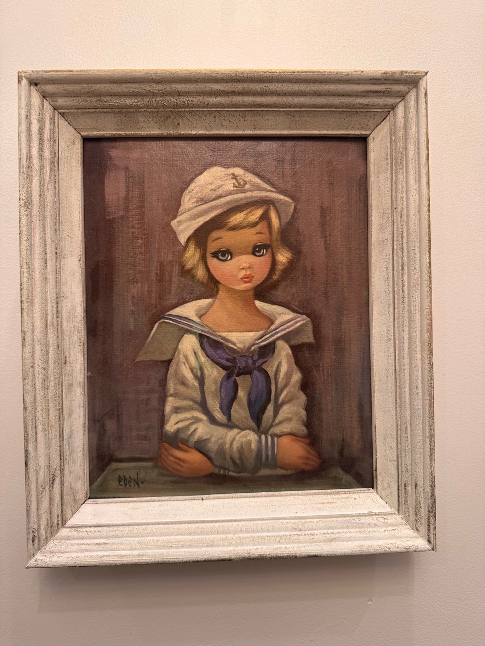 Vintage Sailor Girl Oil Painting in White Frame